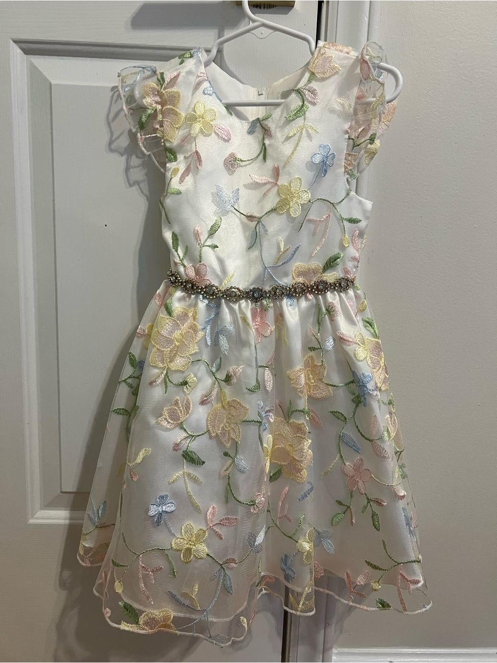 Rare Editions White Dress with Pastel Floral Embroidery